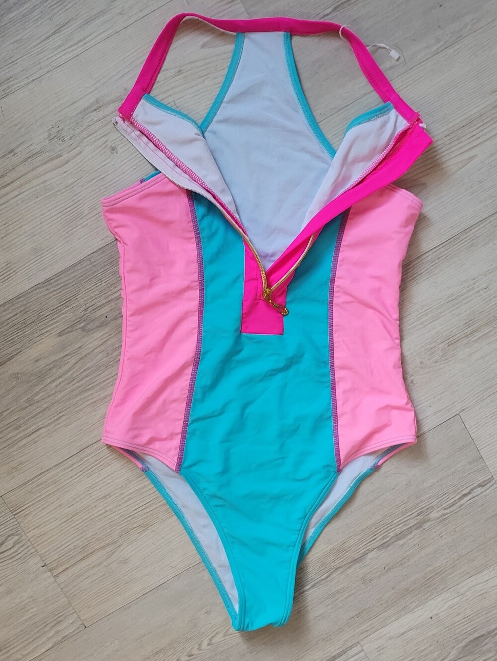 Brand NEW Colorful Zip-Front Swimsuit- Pink & Aqua - Picture 4 of 5
